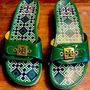 Tory Burch Green Patent Leather Wooden Clog Sandal